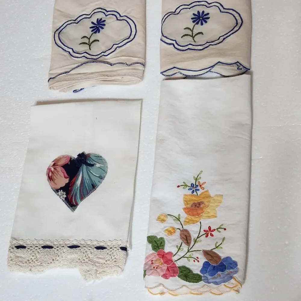 VTG Cottage Tea Towels 4 Heart Flowers Linen Kitchen Colorful Grandma Country